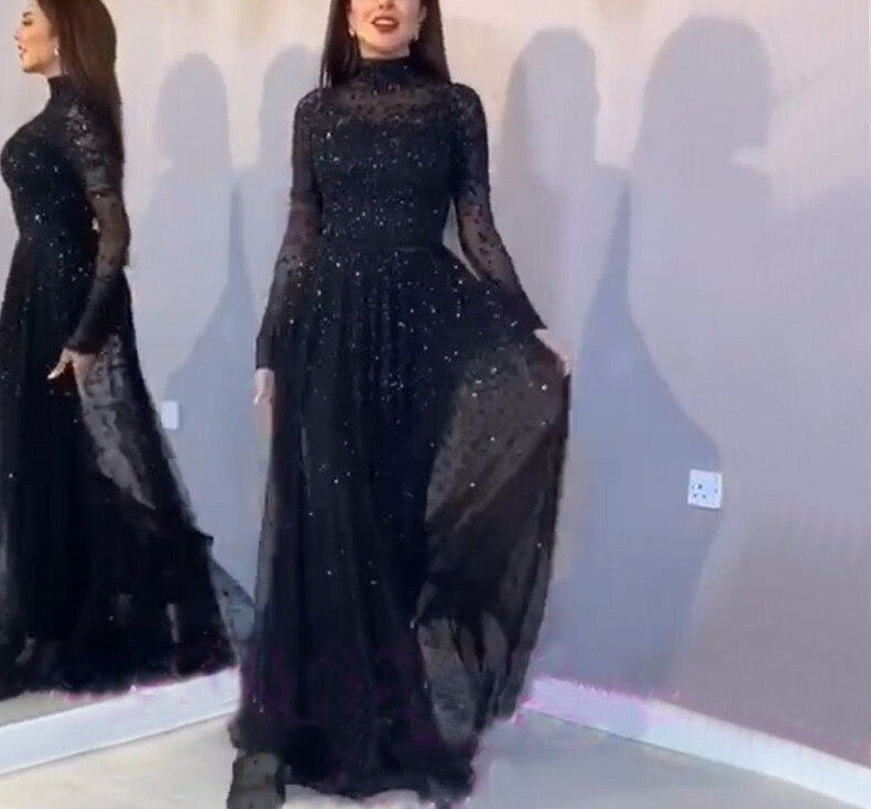 Latest Design Pink High Collar Evening Dresses 2020 Long Sleeves Sequined Sexy Formal Dress - LiveTrendsX