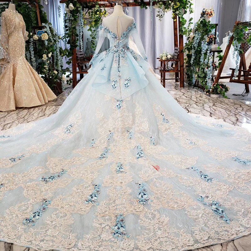 elegant evening dress with blue appliques flowers o-neck lace up back long formal dress women robe soiree manche longue - LiveTrendsX