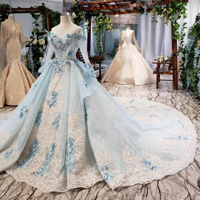 elegant evening dress with blue appliques flowers o-neck lace up back long formal dress women robe soiree manche longue - LiveTrendsX