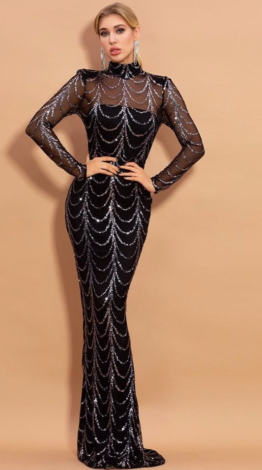 2020 Summer High Neck Wave Sequins See Though Women Maxi Dresses Elegant Long Sleeve Female Party Dresses - LiveTrendsX