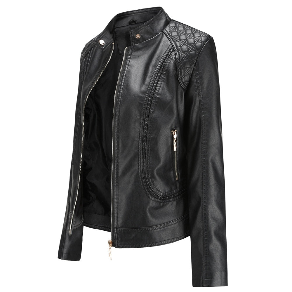 new leather jacket women spring autumn OL stand collar  motor biker coat pu outwear fall jacket black red - LiveTrendsX