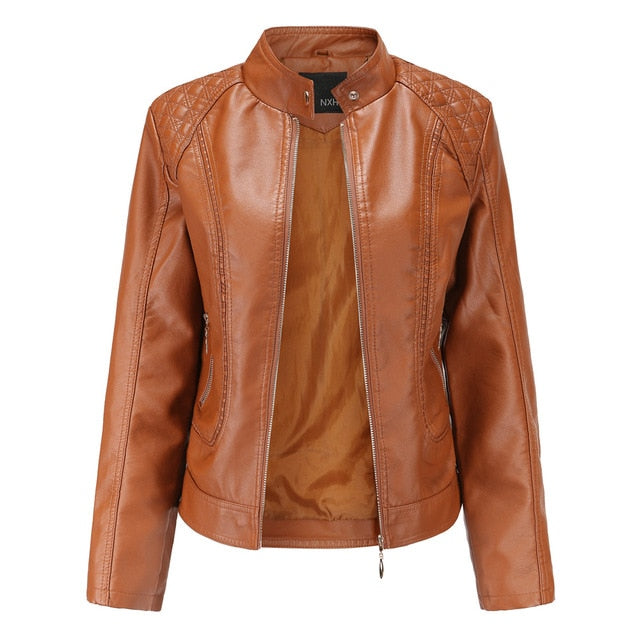 new leather jacket women spring autumn OL stand collar  motor biker coat pu outwear fall jacket black red - LiveTrendsX