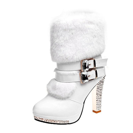 Women High end Boots Super High Fashion Warm Double Buckle Faux Fur Crystal Casual Shoes Thin Heels Ladies Boots - LiveTrendsX