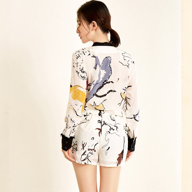 Silk Two Pieces Set Printed Pattern V Neck Long Sleeve High Quality Silk patchwork blouse woman silk shorts women - LiveTrendsX