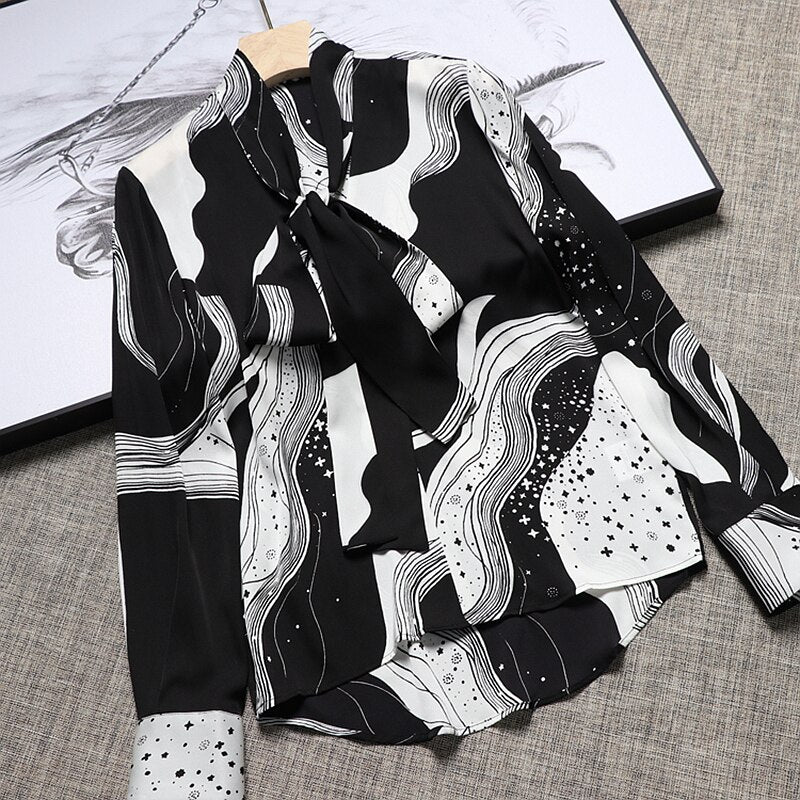 High Quality 100% Silk Blouse Women Lightweight Fabric Printed Ruffle Long Sleeves Formal Tops Elegant Style New Fashion - LiveTrendsX