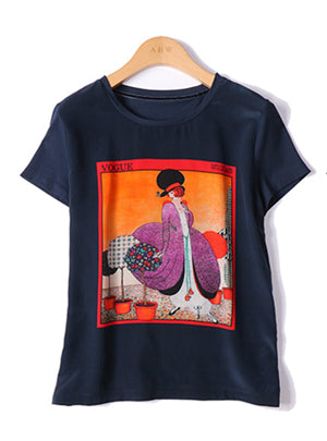 Silk Patchwork Cotton  Woman Print Loose T-shirt Women High Quality O Neck Short Sleeves  Casual Basic Elegant Clothing Fashion - LiveTrendsX