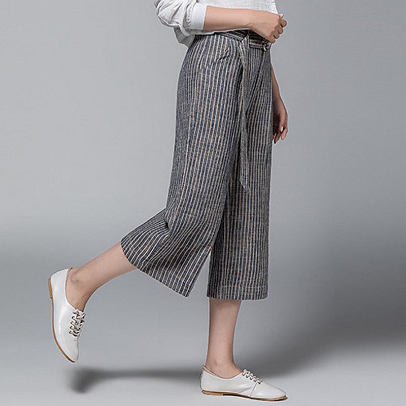 Pants  womens Calf-length striped 55%  linen 45% cotton wide leg pants High Waist Pockets Belt Simple Vintage Style New Fashion - LiveTrendsX