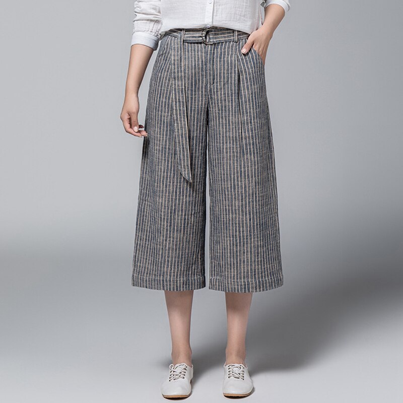 Pants  womens Calf-length striped 55%  linen 45% cotton wide leg pants High Waist Pockets Belt Simple Vintage Style New Fashion - LiveTrendsX