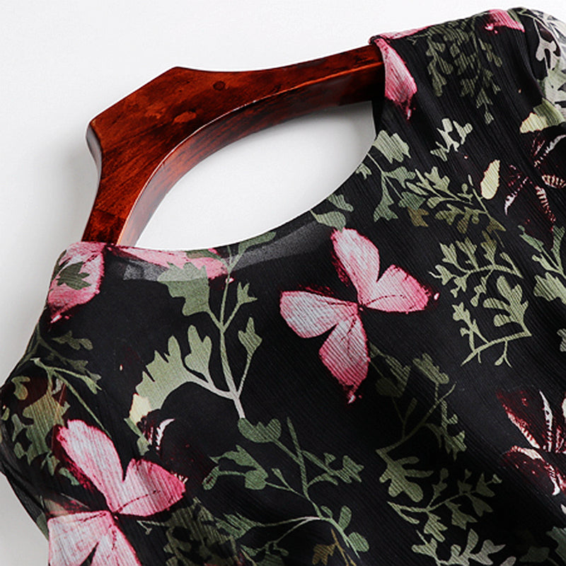 High Quality 100% Silk Dress Women Print Patchwork Ruffles Hem O Neck Long Sleeves Tassel Belt Bohemian Style - LiveTrendsX