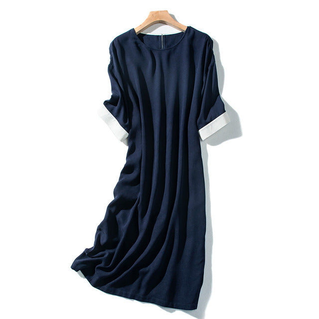 Women Silk Dress 100% Silk Office Lady Elegant Style V Neck Short Sleeves Sashes - LiveTrendsX
