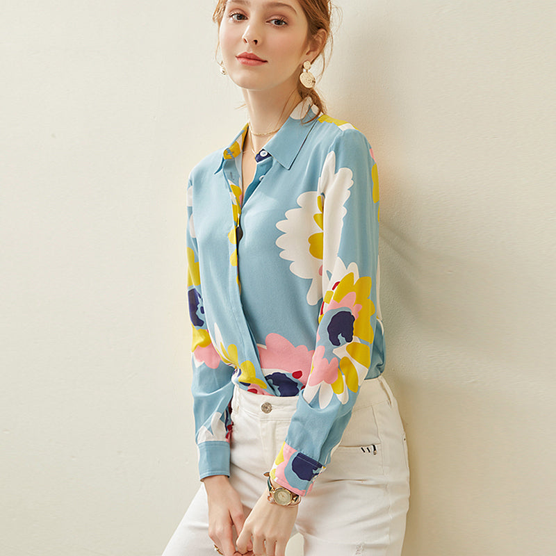 High Quality 100% Heavy Silk Blouse Women Shirt Floral Print Turn-down Neck Long Sleeves Casual Tops Elegant Style - LiveTrendsX