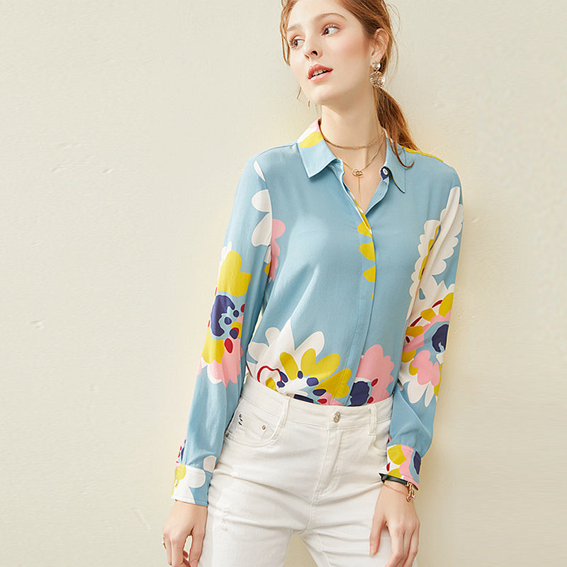 High Quality 100% Heavy Silk Blouse Women Shirt Floral Print Turn-down Neck Long Sleeves Casual Tops Elegant Style - LiveTrendsX