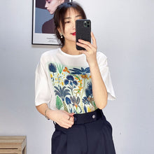 Load image into Gallery viewer, T shirts Women Cotton Patchwork Silk O Neck Print Top Women Casual Short Sleeve Shirt - LiveTrendsX
