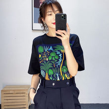 Load image into Gallery viewer, T shirts Women Cotton Patchwork Silk O Neck Print Top Women Casual Short Sleeve Shirt - LiveTrendsX
