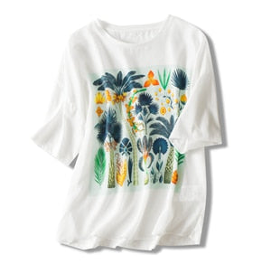 T shirts Women Cotton Patchwork Silk O Neck Print Top Women Casual Short Sleeve Shirt - LiveTrendsX
