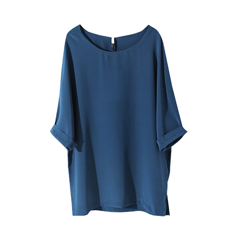 T-shirt Women 100% Heavy Silk Simple Design Loose O Neck Solid Three Quarter Batwing Sleeves Casual  New Fashion - LiveTrendsX