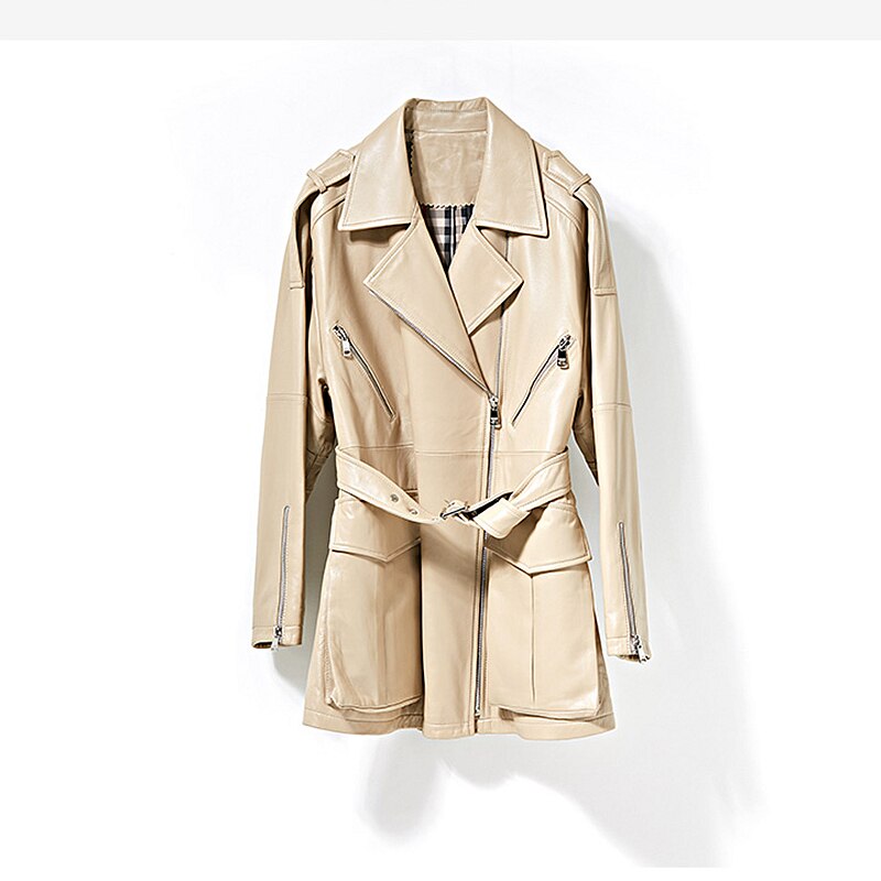 Mid-length Slim Jacket Women Leather 100% Sheepskin Simple Design Zipper Stand Neck Pockets Long Sleeves Jacket New Fashion - LiveTrendsX