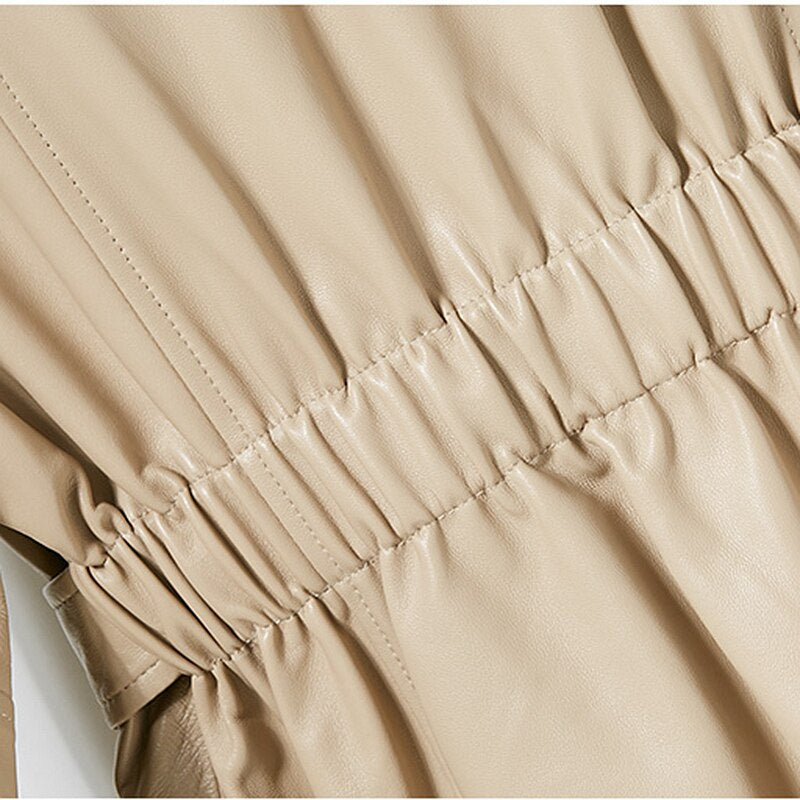 Mid-length Slim Jacket Women Leather 100% Sheepskin Simple Design Zipper Stand Neck Pockets Long Sleeves Jacket New Fashion - LiveTrendsX