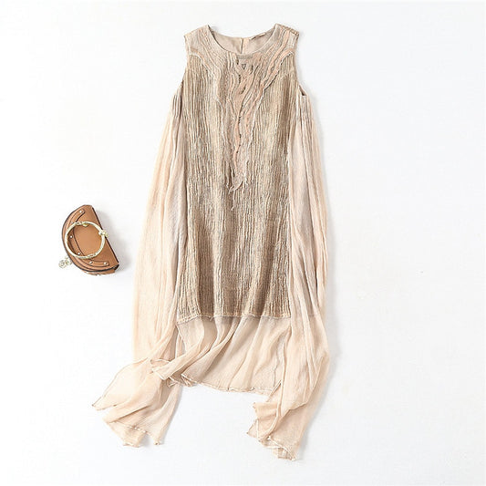 High-end Silk Dress Women Fabric 100% Silk Patchwork 100% Ramie Appliques Solid O Collar 2 Colors - LiveTrendsX