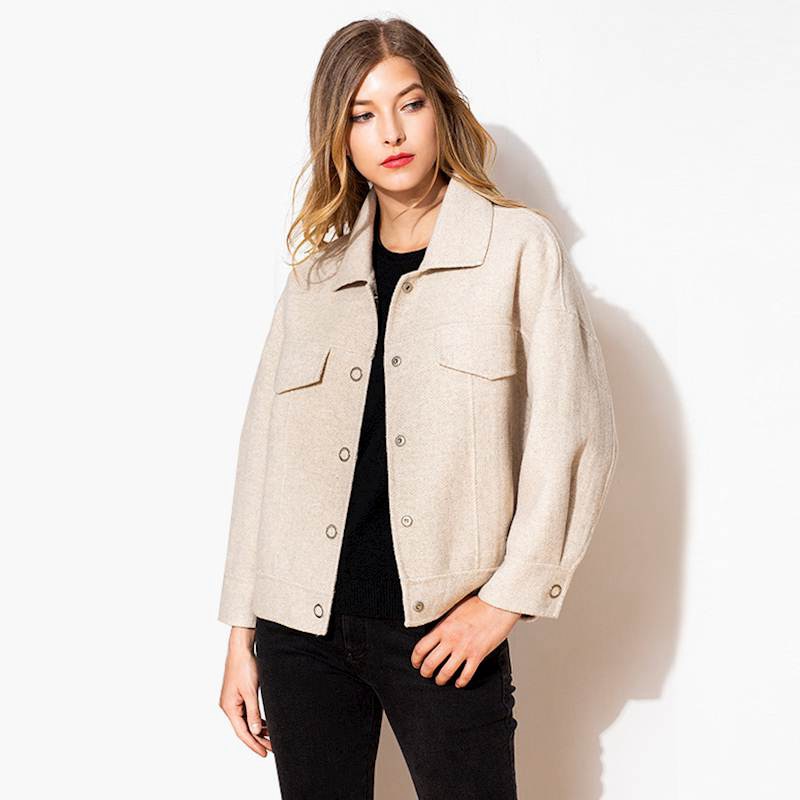 Jacket Women Short Coat 80% Wool 20% Viscose Classic Simple Design Solid Turn-down Collar Pockets - LiveTrendsX