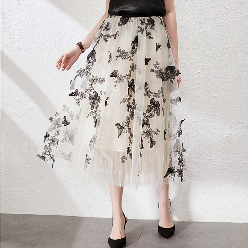 Pleated Skirts Women Design High Waist 100% Polyester Mesh Mid-Length Skirt Flowers Embroidered Elegant Style New Fashion - LiveTrendsX