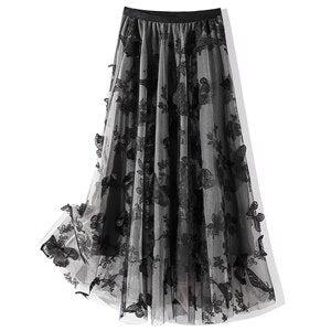 Pleated Skirts Women Design High Waist 100% Polyester Mesh Mid-Length Skirt Flowers Embroidered Elegant Style New Fashion - LiveTrendsX