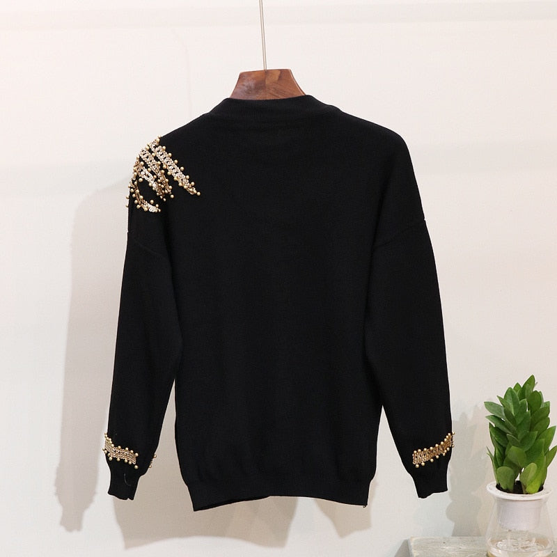 Fashion Sequined Embroidered Knit Women Suit  New Autumn Winter Tracksuit 2 Piece Set Loose Long Sleeve Sweater Knit Pants - LiveTrendsX