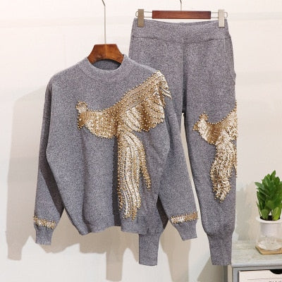 Fashion Sequined Embroidered Knit Women Suit  New Autumn Winter Tracksuit 2 Piece Set Loose Long Sleeve Sweater Knit Pants - LiveTrendsX