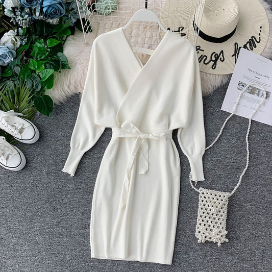 Elegant Batwing Sleeve V Neck Knitted White Dress Autumn Winter Vintage Women Dress Sash Ladies Office Dress - LiveTrendsX