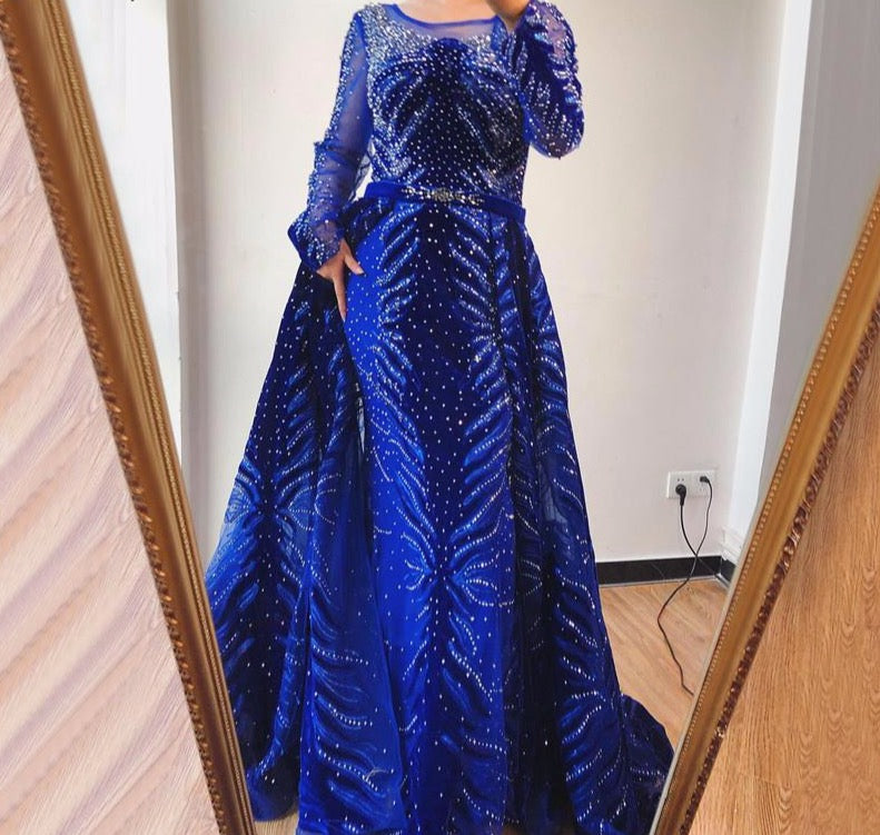 Muslim Luxury Navy Blue Evening Dresses 2020 Long Sleeves  Mermaid Dress With Skirt Sexy Formal Dress - LiveTrendsX