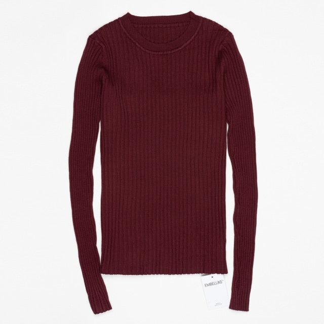 Women Sweater Pullover Basic Rib Knitted Cotton Tops Solid Crew Neck Essential Jumper Long Sleeve Sweaters With Thumb Hole - LiveTrendsX