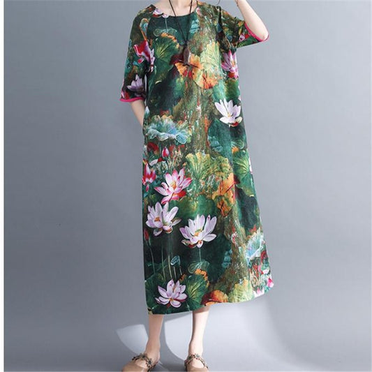 O Neck Large Size Dress Summer new mid-sleeve ethnic style loose cotton linen lotus Casual Pockets dress - LiveTrendsX