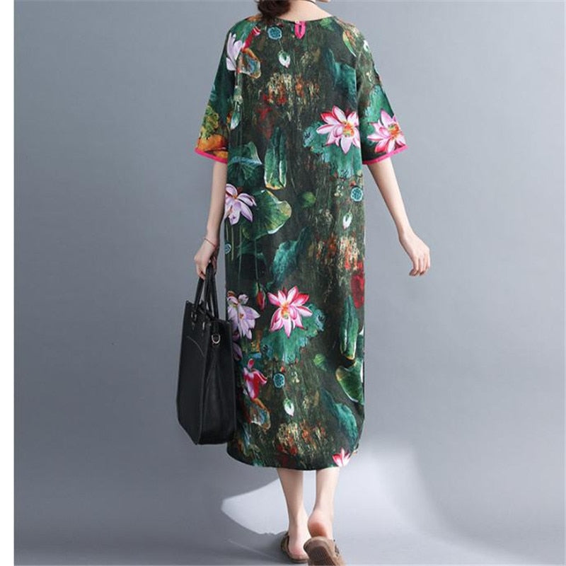 O Neck Large Size Dress Summer new mid-sleeve ethnic style loose cotton linen lotus Casual Pockets dress - LiveTrendsX