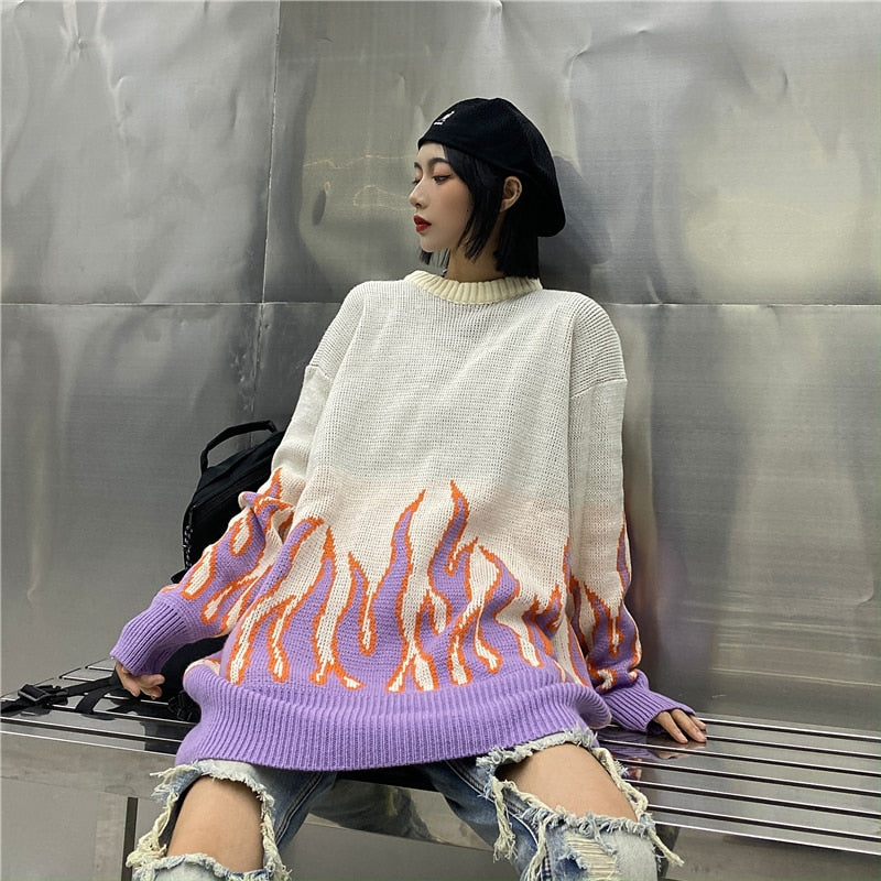 Sweater Couple Hip Hop Oversized Knitting Pullover Women Flame Casual Autumn Winter Men Women Loose Fashion Tops Unisex - LiveTrendsX