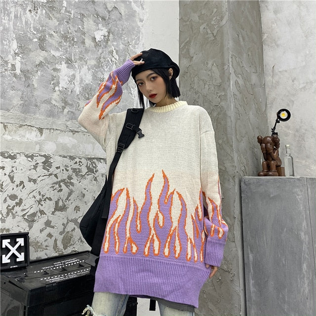 Sweater Couple Hip Hop Oversized Knitting Pullover Women Flame Casual Autumn Winter Men Women Loose Fashion Tops Unisex - LiveTrendsX