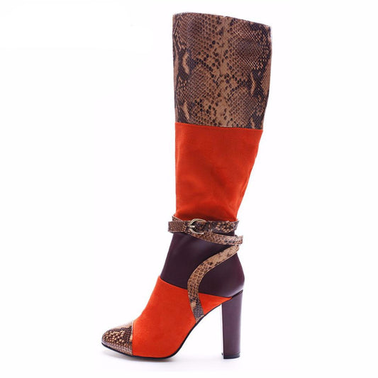 Women Sexy Snake Print High Heel Boots Crocodile Pattern Chunky Heel Round Toe Knee High Boots Ladies Winter Shoes Big Size - LiveTrendsX