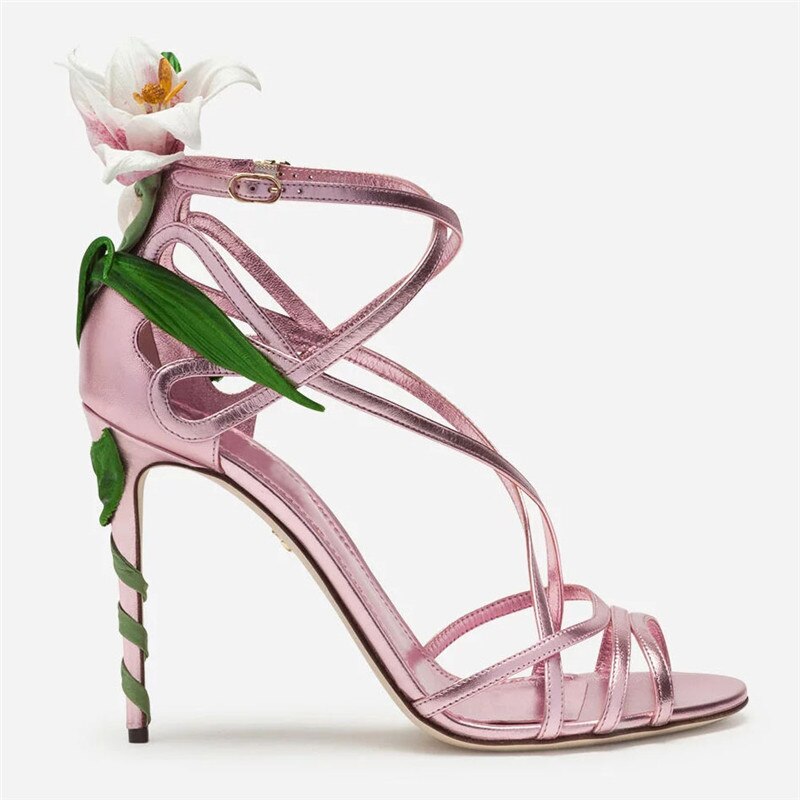 Embellished Metallic Leather Strappy Stiletto Sandals Women Open Toe Ankle Strap Floral Heel Shoes Woman - LiveTrendsX