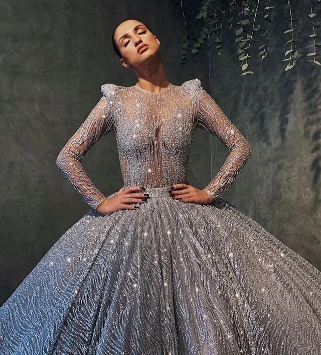 2020 Sparkly Bling Silver Lace Ball Gown Prom Dresses Long Sleeves Illusion Fluffy Lady Evening Gowns Dubai Arabic Luxurious - LiveTrendsX