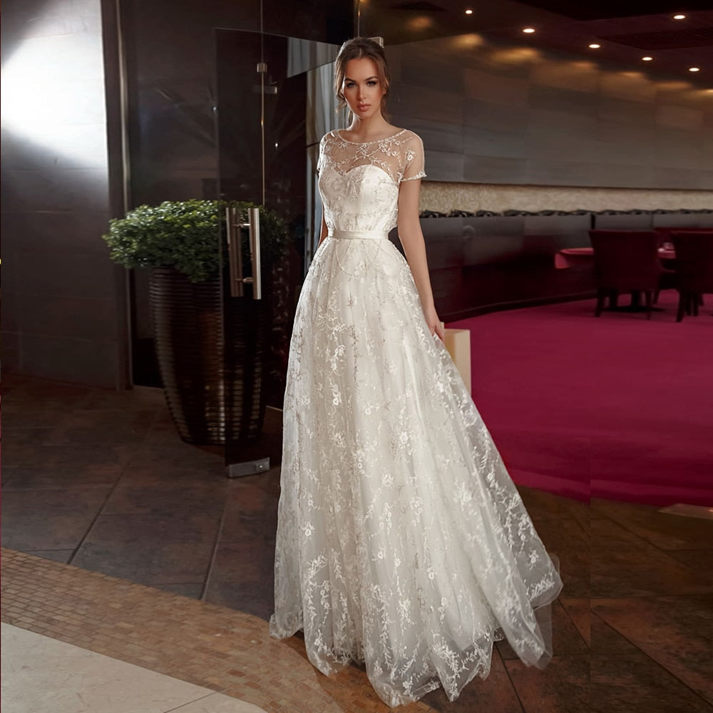 New Arrivals Short Sleeve Pearls Lace Wedding Gowns Vestido De Noiva Renda O-neck Floor Length Bridal Dresses Abiti Da Sposa - LiveTrendsX
