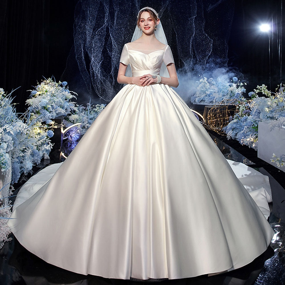 Best France Satin Ball Gown Wedding Dress With Chapel Train  Vestido Noiva Short Sleeve Wedding Gowns - LiveTrendsX