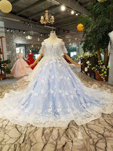 Load image into Gallery viewer, Light blue evening party  dress elegant off the shoulder sweetheart tulle yellow petal flowers  free shipping prom dress - LiveTrendsX
