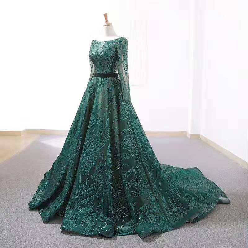 A-line evening dresses long sleeves o-neck elegagnt evening gown for women green formal dresses robe de soiree - LiveTrendsX