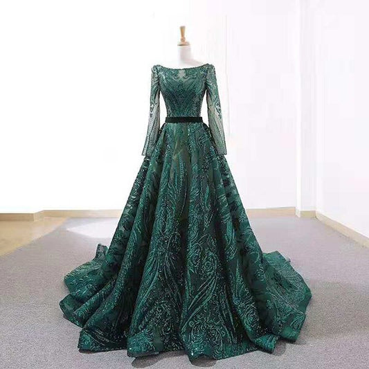 A-line evening dresses long sleeves o-neck elegagnt evening gown for women green formal dresses robe de soiree - LiveTrendsX