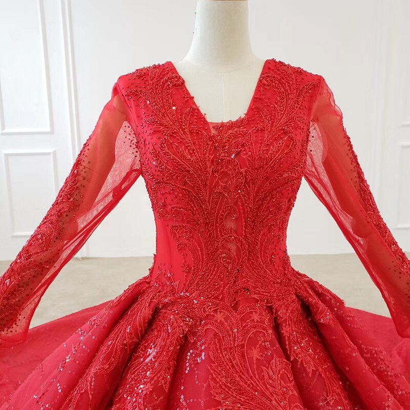 red evening dress long sleeve applique beading sequin lace up back ball gown plus size evening dresses - LiveTrendsX