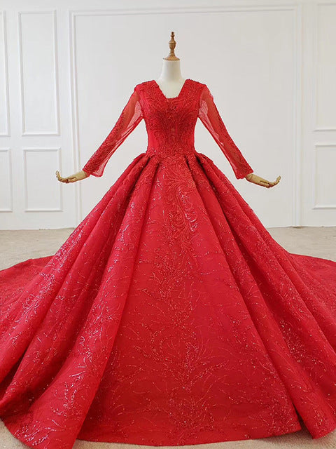 red evening dress long sleeve applique beading sequin lace up back ball gown plus size evening dresses - LiveTrendsX