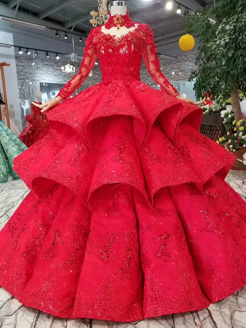 ball gown evening dresses high neck long sleeves lace up back rose wedding party dresses pleat multi-layer vestido longo - LiveTrendsX