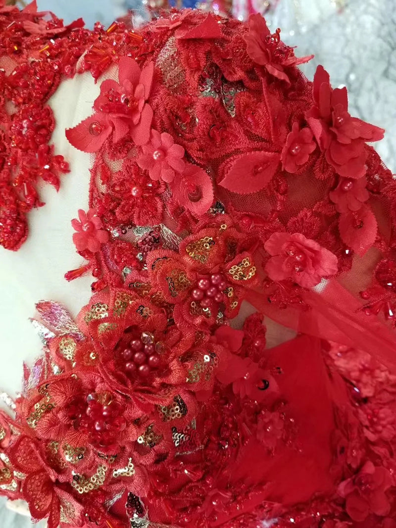 ball gown evening dresses high neck long sleeves lace up back rose wedding party dresses pleat multi-layer vestido longo - LiveTrendsX