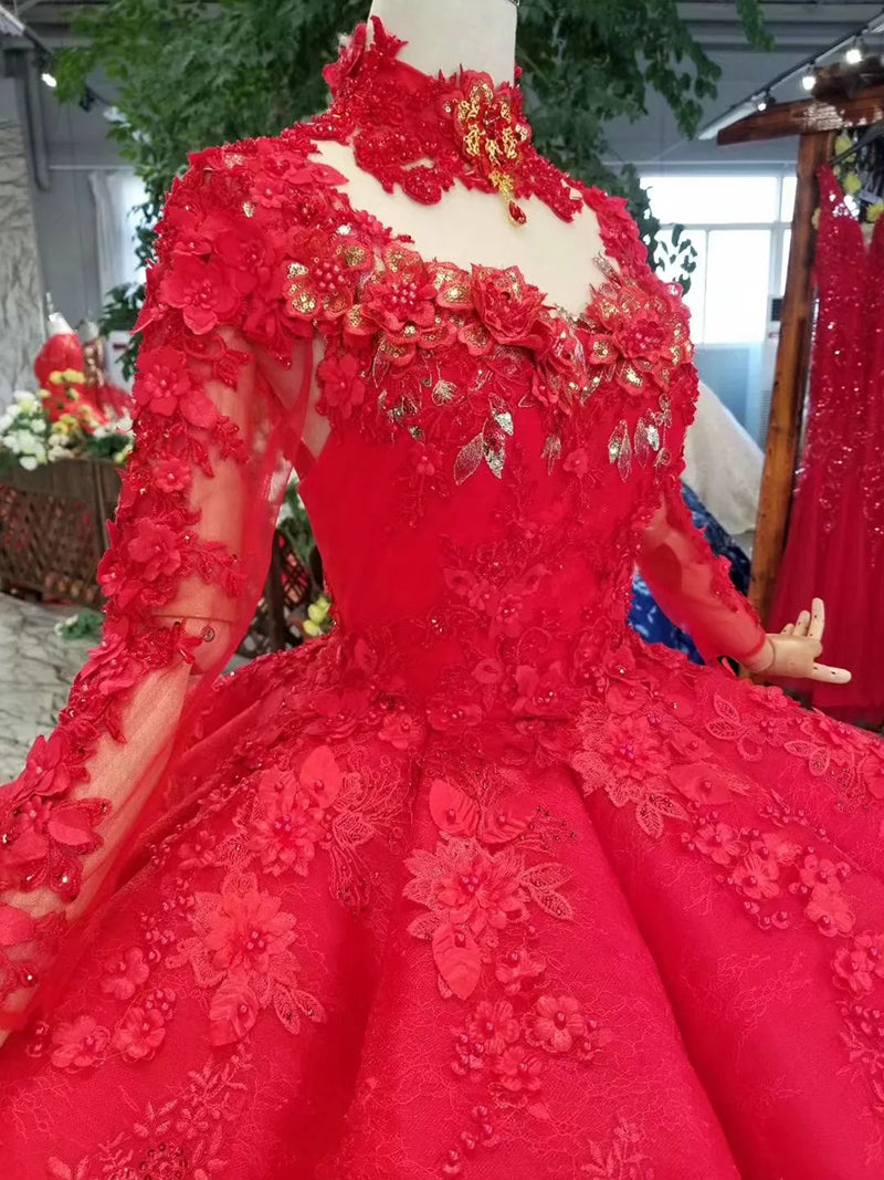 ball gown evening dresses high neck long sleeves lace up back rose wedding party dresses pleat multi-layer vestido longo - LiveTrendsX