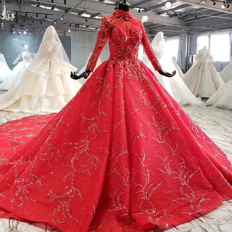 muslim wedding dress red tassel high neck lace up back long sleeve lace wedding gown luxury - LiveTrendsX