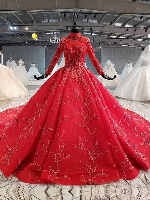 muslim wedding dress red tassel high neck lace up back long sleeve lace wedding gown luxury - LiveTrendsX